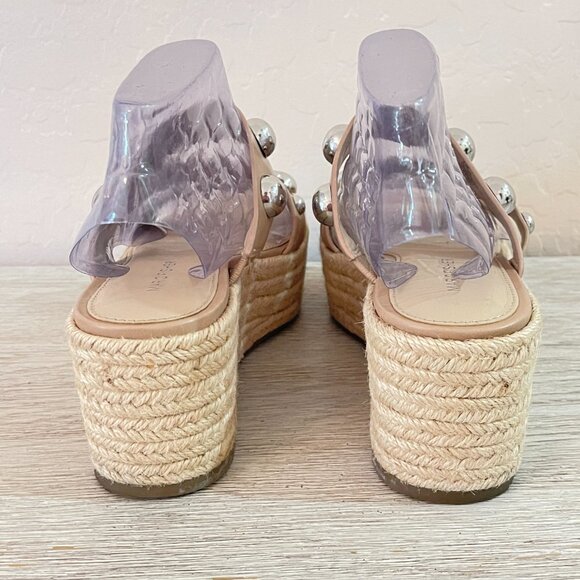 Marc Fisher 6.5 Jalyn Sandals Nude Silver Studs Espadrille Platform Wedge Slides - Picture 5 of 13